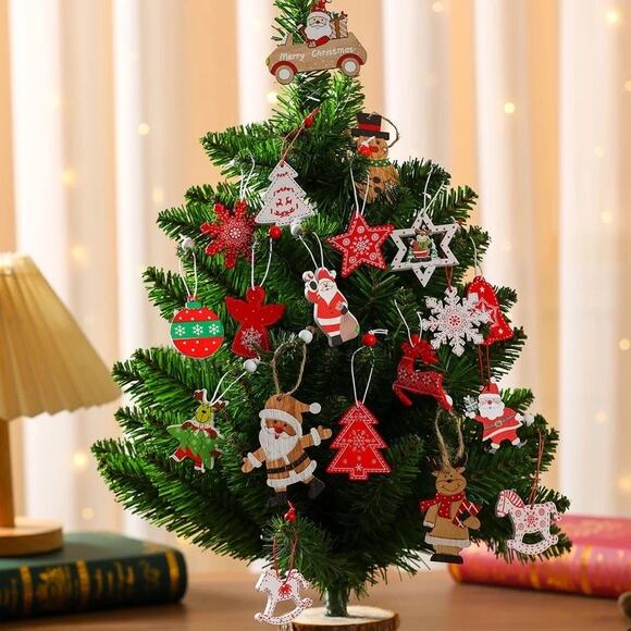 NEW Mini Wooden Tree Ornament Holiday Hanging Decor Set Christmas Gift Wrapping - Picture 2 of 5